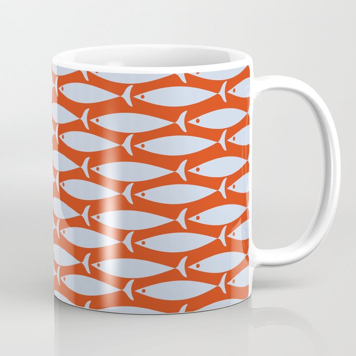 Coastal Fish Retro Pattern in Pale Blue and Bold Red Orange Coffee Mug Gallery Image 1