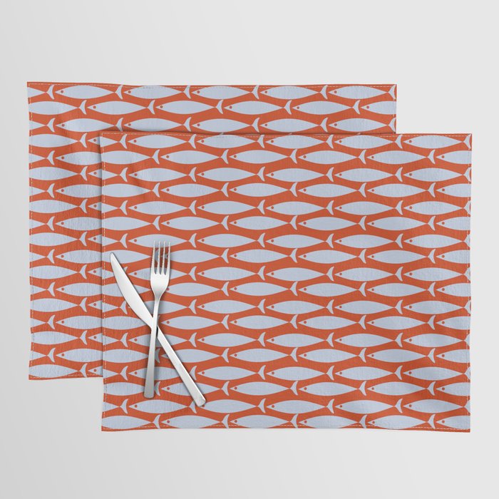 Coastal Fish Retro Pattern in Pale Blue and Bold Red Orange Placemat Gallery Image 1