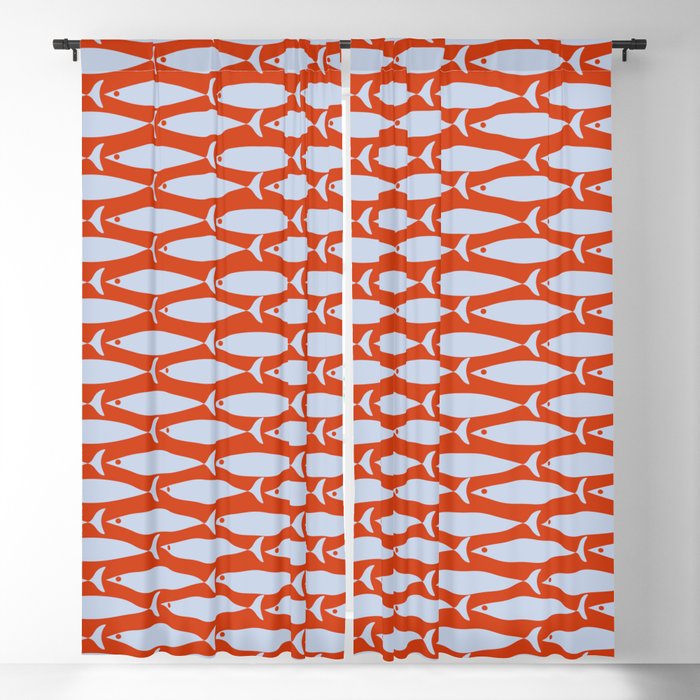 Coastal Fish Retro Pattern in Pale Blue and Bold Red Orange Window Curtain Gallery Image 5