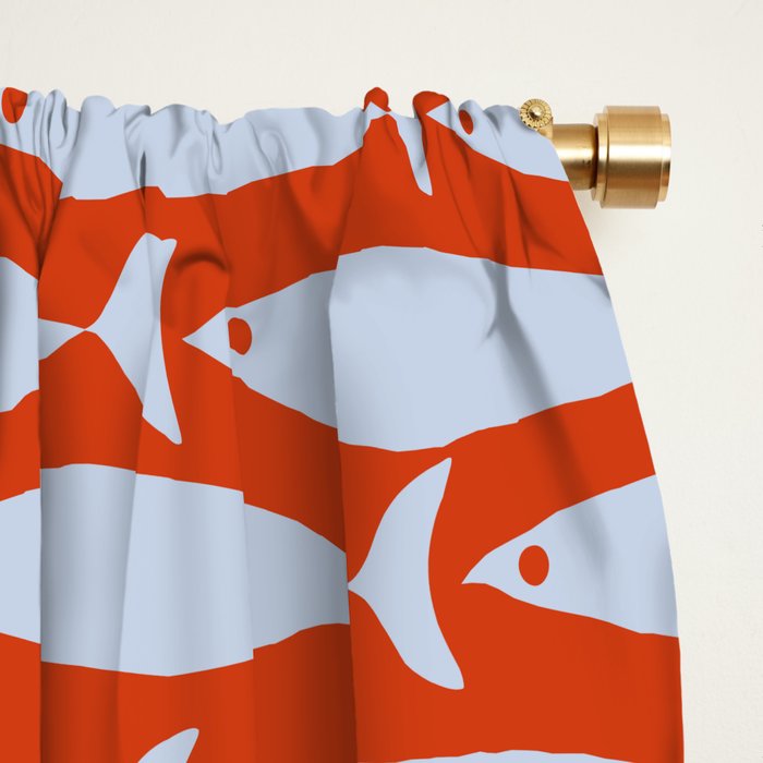Coastal Fish Retro Pattern in Pale Blue and Bold Red Orange Window Curtain Gallery Image 2