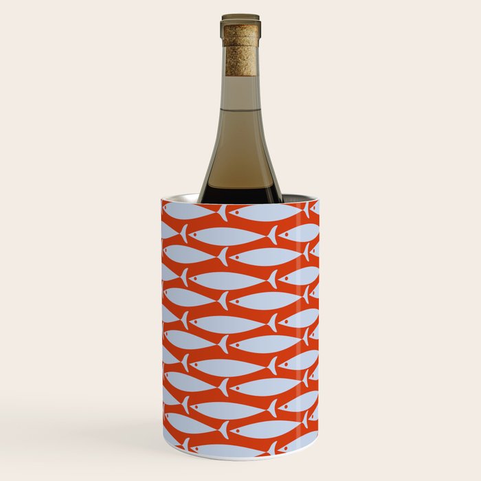 Coastal Fish Retro Pattern in Pale Blue and Bold Red Orange Wine Chiller Gallery Image 3