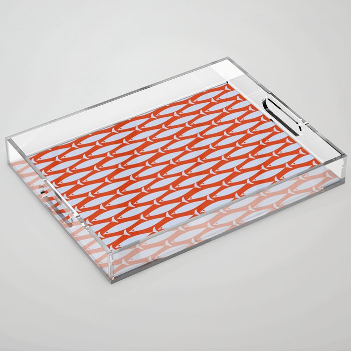 Coastal Fish Retro Pattern in Pale Blue and Bold Red Orange Acrylic Tray Gallery Image 1
