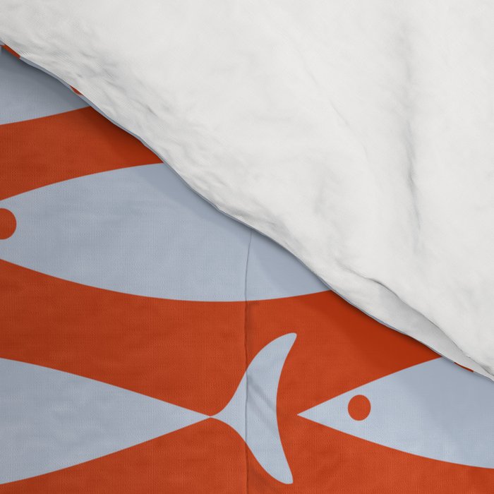 Coastal Fish Retro Pattern in Pale Blue and Bold Red Orange Comforter Gallery Image 4