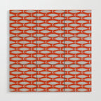 Coastal Fish Retro Pattern in Pale Blue and Bold Red Orange Wood Wall Art Gallery Image 1