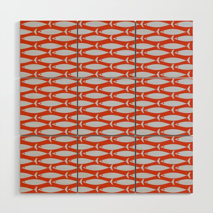 Coastal Fish Retro Pattern in Pale Blue and Bold Red Orange Wood Wall Art Gallery Image 1