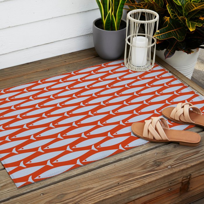Coastal Fish Retro Pattern in Pale Blue and Bold Red Orange Outdoor Rug Gallery Image 2