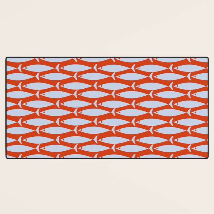 Coastal Fish Retro Pattern in Pale Blue and Bold Red Orange Desk Mat Gallery Image 3