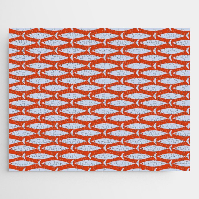 Coastal Fish Retro Pattern in Pale Blue and Bold Red Orange Jigsaw Puzzle Gallery Image 1