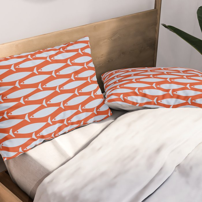 Coastal Fish Retro Pattern in Pale Blue and Bold Red Orange Pillow Sham Gallery Image 2