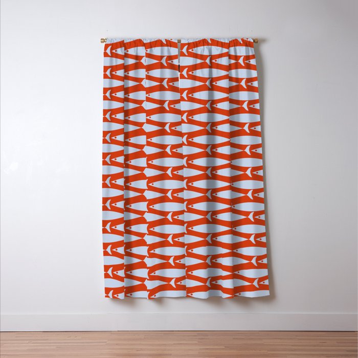 Coastal Fish Retro Pattern in Pale Blue and Bold Red Orange Window Curtain Gallery Image 3