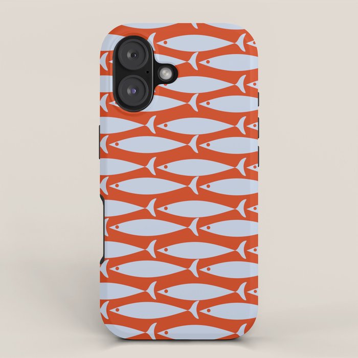 Coastal Fish Retro Pattern in Pale Blue and Bold Red Orange iPhone Case Gallery Image 1