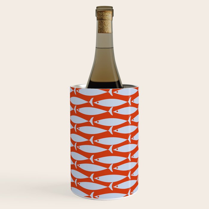 Coastal Fish Retro Pattern in Pale Blue and Bold Red Orange Wine Chiller Gallery Image 1