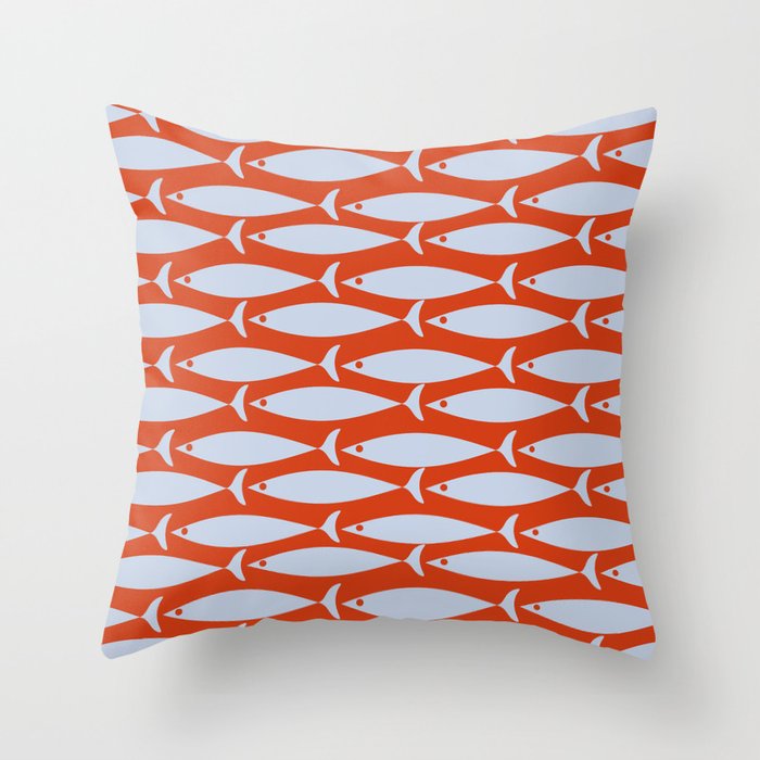 Coastal Fish Retro Pattern in Pale Blue and Bold Red Orange Throw Pillow Gallery Image 6