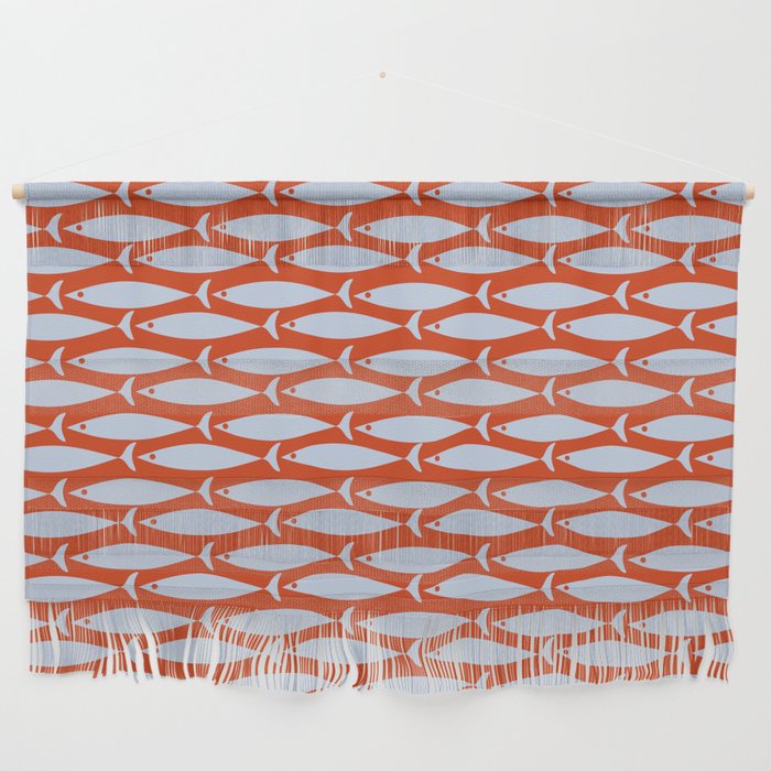 Coastal Fish Retro Pattern in Pale Blue and Bold Red Orange Wall Hanging Gallery Image 1