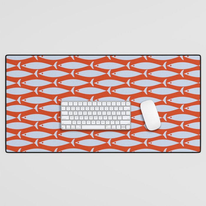 Coastal Fish Retro Pattern in Pale Blue and Bold Red Orange Desk Mat Gallery Image 1