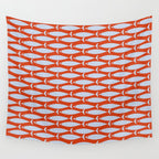 Coastal Fish Retro Pattern in Pale Blue and Bold Red Orange Wall Tapestry Gallery Image 4