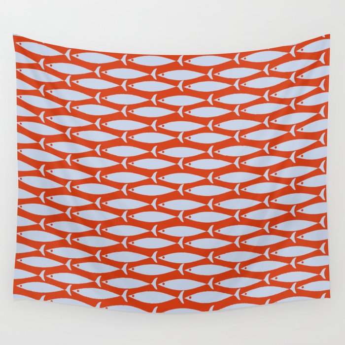 Coastal Fish Retro Pattern in Pale Blue and Bold Red Orange Wall Tapestry Gallery Image 1