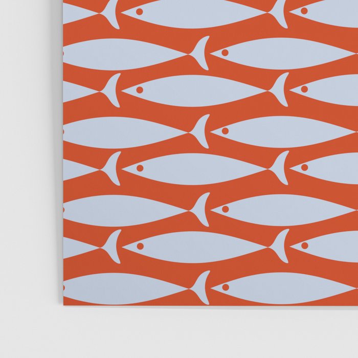 Coastal Fish Retro Pattern in Pale Blue and Bold Red Orange Poster Gallery Image 3