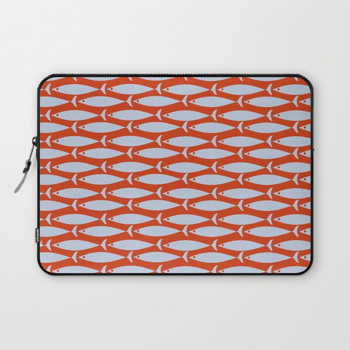 Coastal Fish Retro Pattern in Pale Blue and Bold Red Orange Laptop Sleeve Gallery Image 1