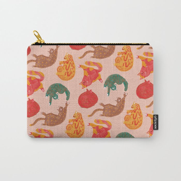 Sleepy Cozy Kitty Cats in Green & Orange Carry All Pouch Gallery Image 1