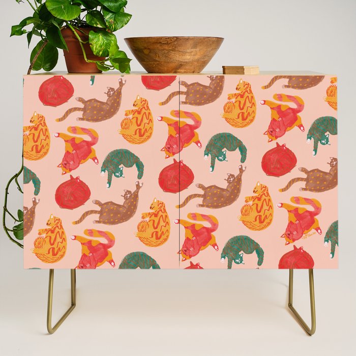 Sleepy Cozy Kitty Cats in Green & Orange Credenza Gallery Image 1