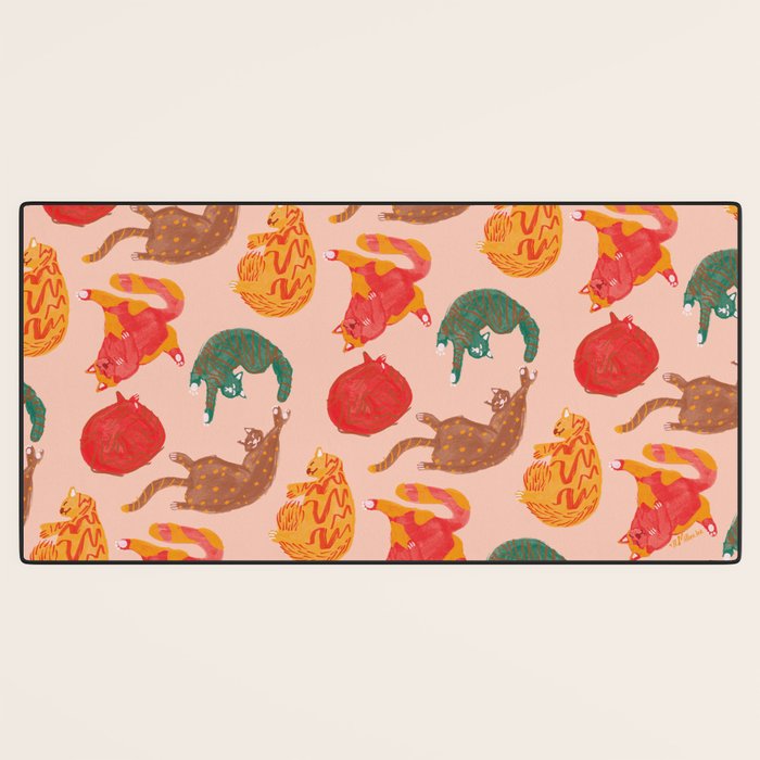 Sleepy Cozy Kitty Cats in Green & Orange Desk Mat Gallery Image 3