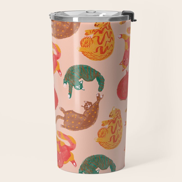 Sleepy Cozy Kitty Cats in Green & Orange Travel Mug Gallery Image 2