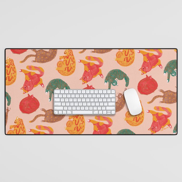 Sleepy Cozy Kitty Cats in Green & Orange Desk Mat Gallery Image 1