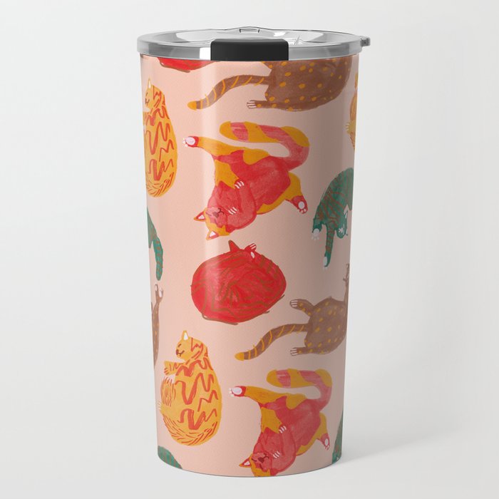 Sleepy Cozy Kitty Cats in Green & Orange Travel Mug Gallery Image 1