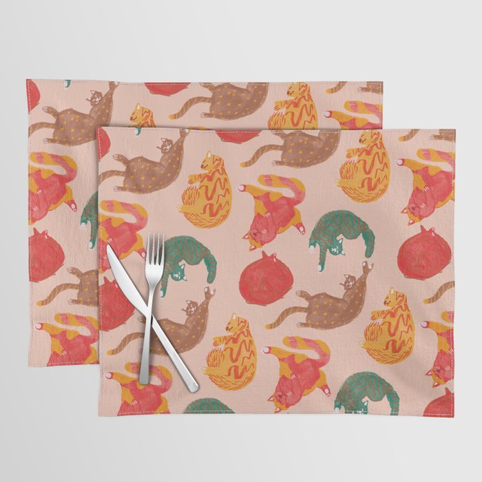 Sleepy Cozy Kitty Cats in Green & Orange Placemat Gallery Image 1