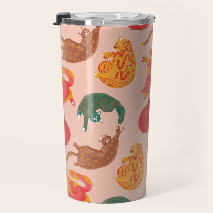 Sleepy Cozy Kitty Cats in Green & Orange Travel Mug Gallery Image 3