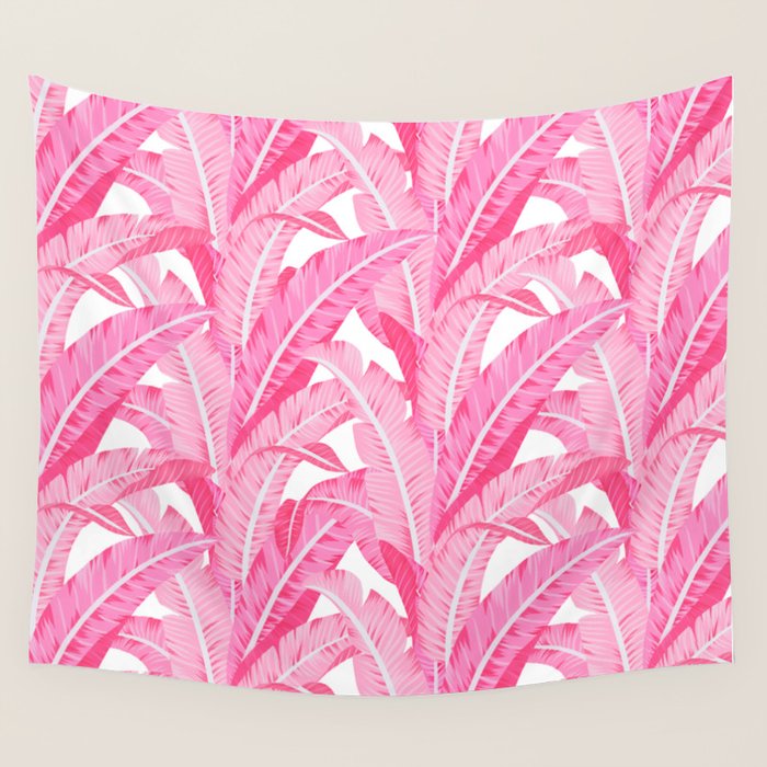 Pink banana leaves tropical pattern on white Wall Tapestry Gallery Image 1
