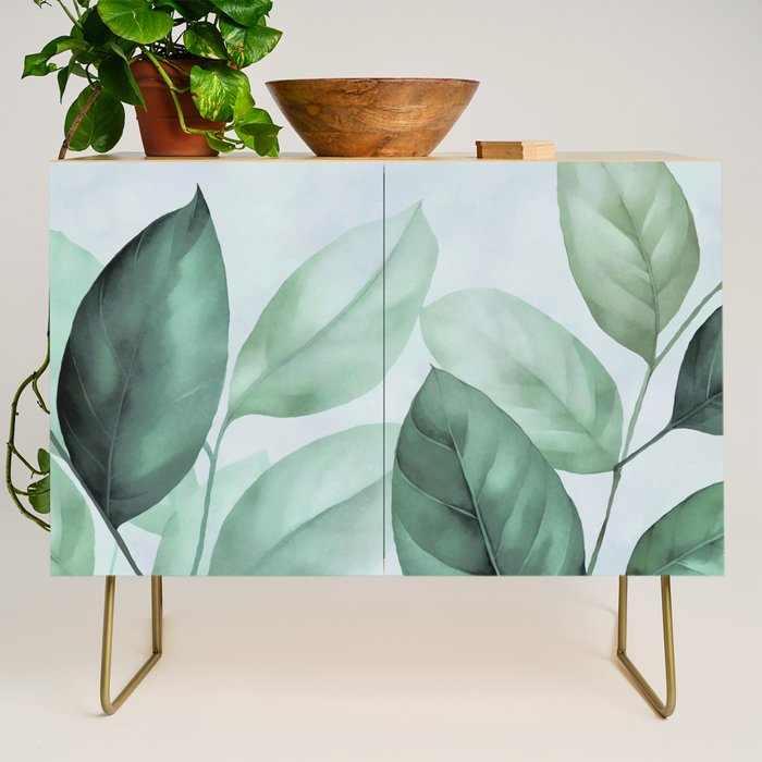 Calm Emerald Foliage Gentle Green Leaves Credenza Gallery Image 1
