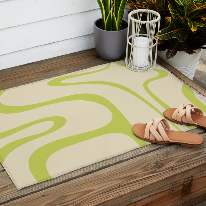 Copacetic Retro Abstract in Light Lime Linden Green and Cream Beige Outdoor Rug Gallery Image 2