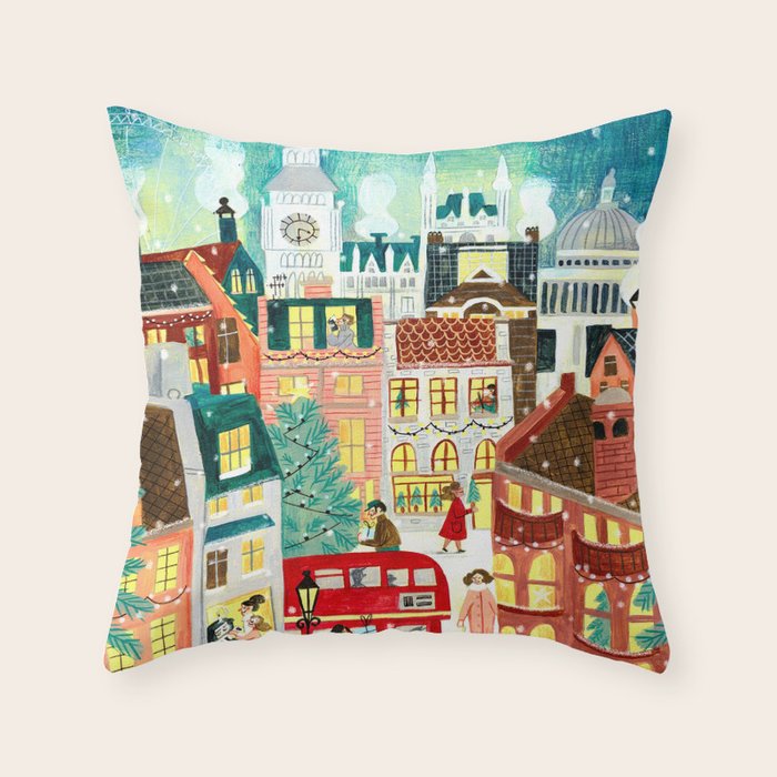 London city lights in the snow Throw Pillow Gallery Image 1