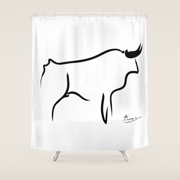 Picasso - Bull 1952 Artwork, Animals Line Sketch, Prints, Posters, Bags, Tshirts, Men, Women, Kids Shower Curtain Gallery Image 1