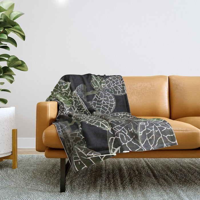 Elegant leaf skeleton foliage on black Throw Blanket Gallery Image 1