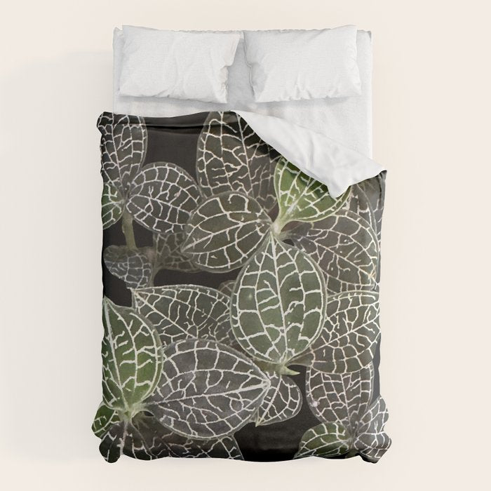Elegant leaf skeleton foliage on black Duvet Cover Gallery Image 1