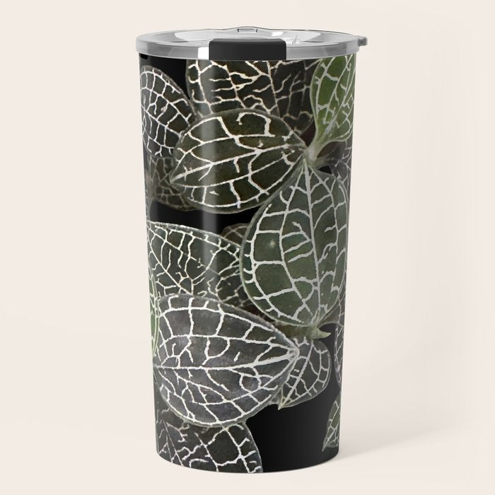 Elegant leaf skeleton foliage on black Travel Mug Gallery Image 1