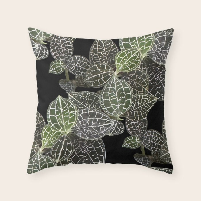 Elegant leaf skeleton foliage on black Throw Pillow Gallery Image 1