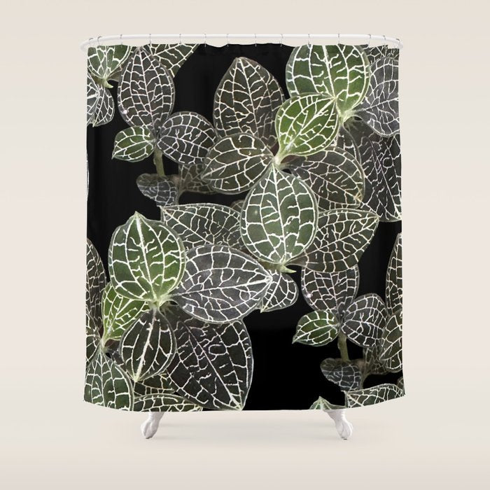Elegant leaf skeleton foliage on black Shower Curtain Gallery Image 1
