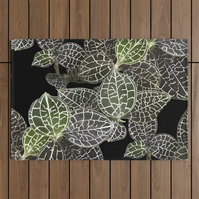 Elegant leaf skeleton foliage on black Outdoor Rug Gallery Image 1