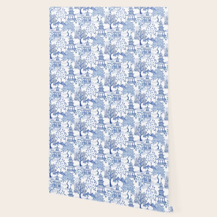 Pagoda Forest Blue and White Wallpaper Gallery Image 2