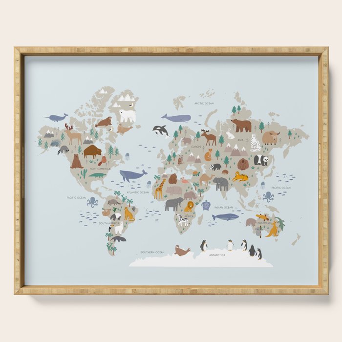 Animal World Map for Kids - Blue Serving Tray Gallery Image 1