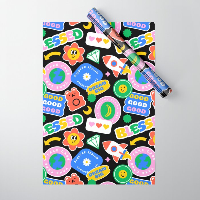 Retro cartoon sticker label pattern Wrapping Paper Gallery Image 1