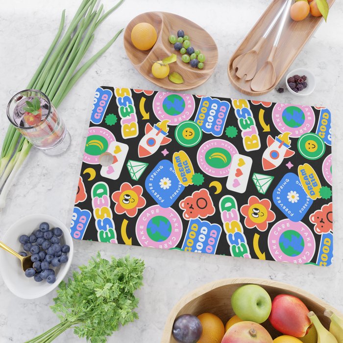 Retro cartoon sticker label pattern Cutting Board Gallery Image 2
