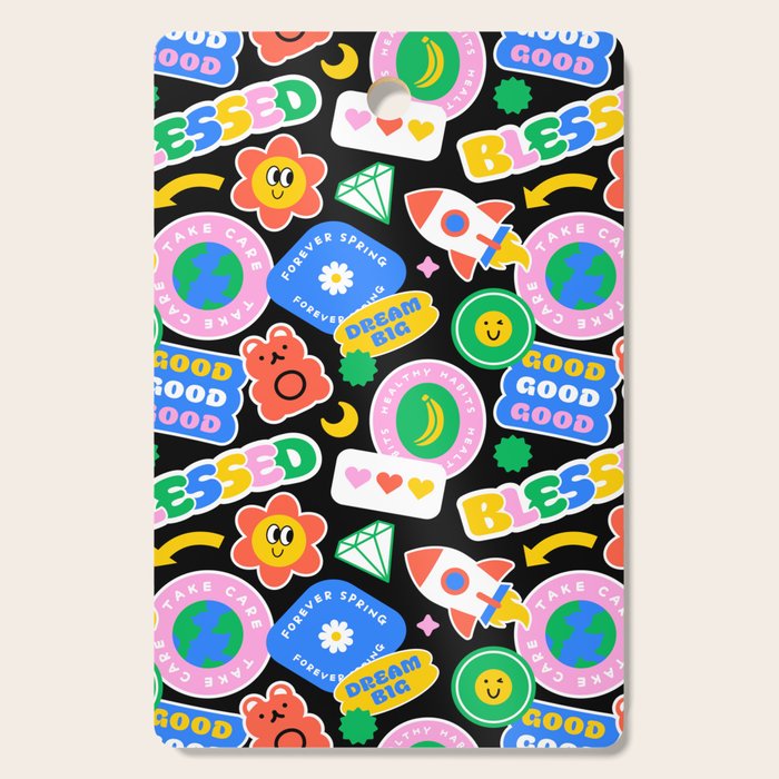 Retro cartoon sticker label pattern Cutting Board Gallery Image 1