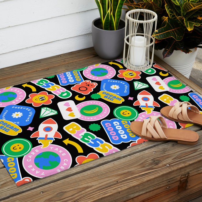 Retro cartoon sticker label pattern Outdoor Rug Gallery Image 2