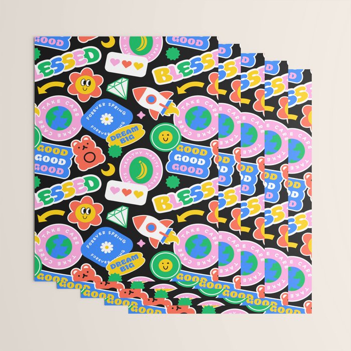 Retro cartoon sticker label pattern Wrapping Paper Gallery Image 3