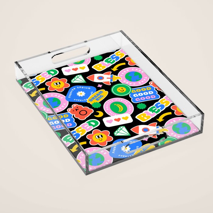 Retro cartoon sticker label pattern Acrylic Tray Gallery Image 1